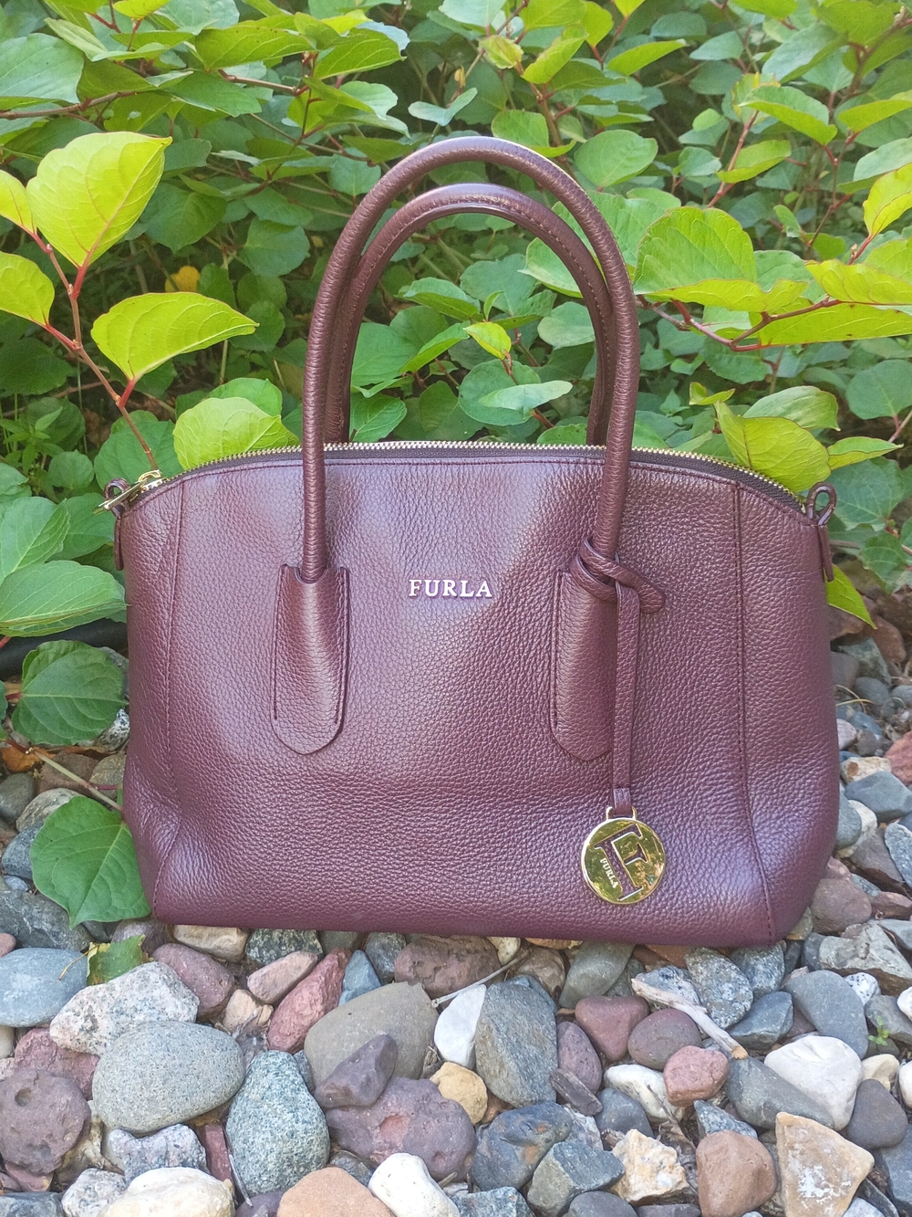 Furla Tessa Pebbled Leather Top-Handle Satchel in Plum